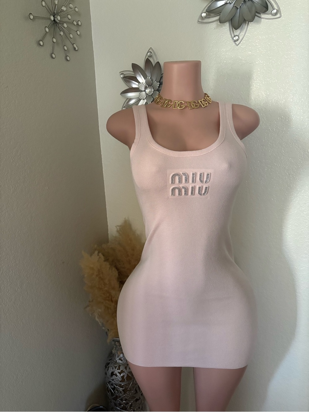 Miu Miu Soft Pink Ribbed Logo Tank Dress